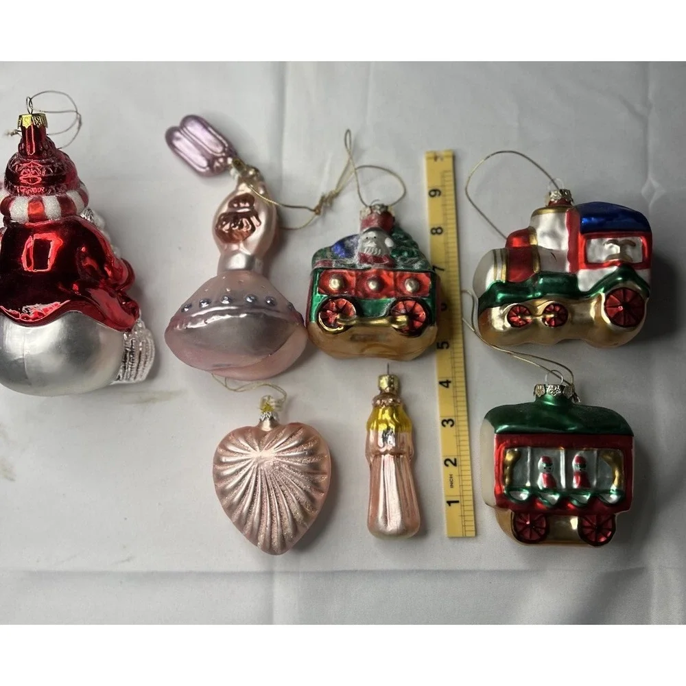 Lot 7 Shatterproof Plastic Christmas Ornaments Train Snowman Pink Retro Style
